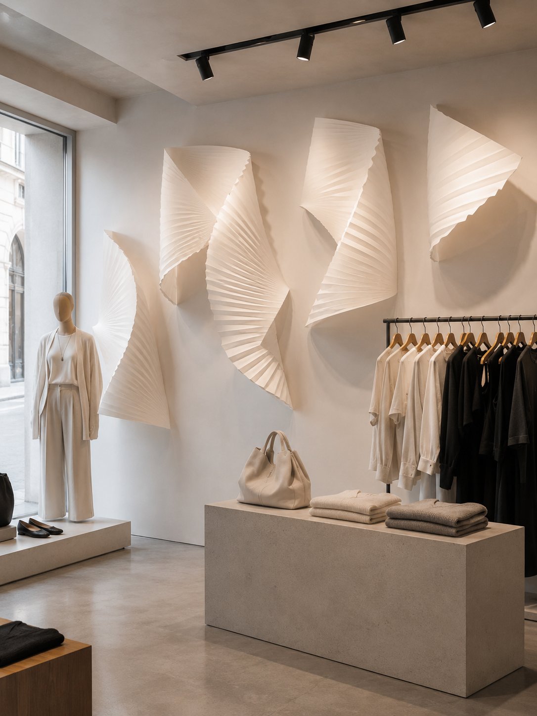 Angular pleated paper installation in a boutique interior