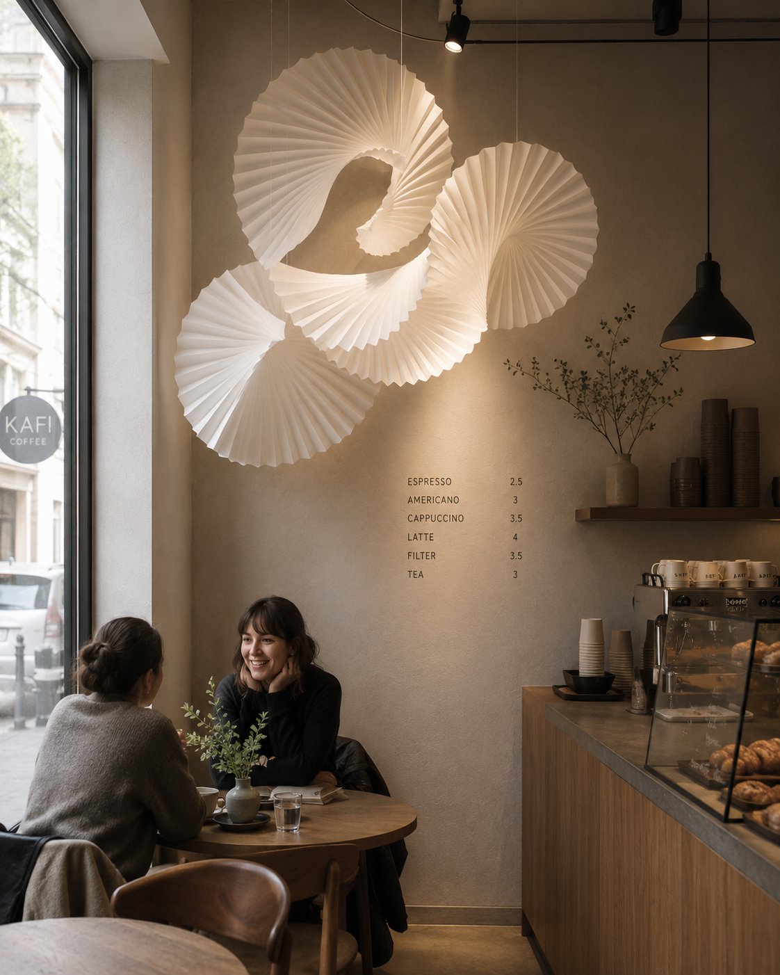Suspended pleated paper spiral installation above a café corner