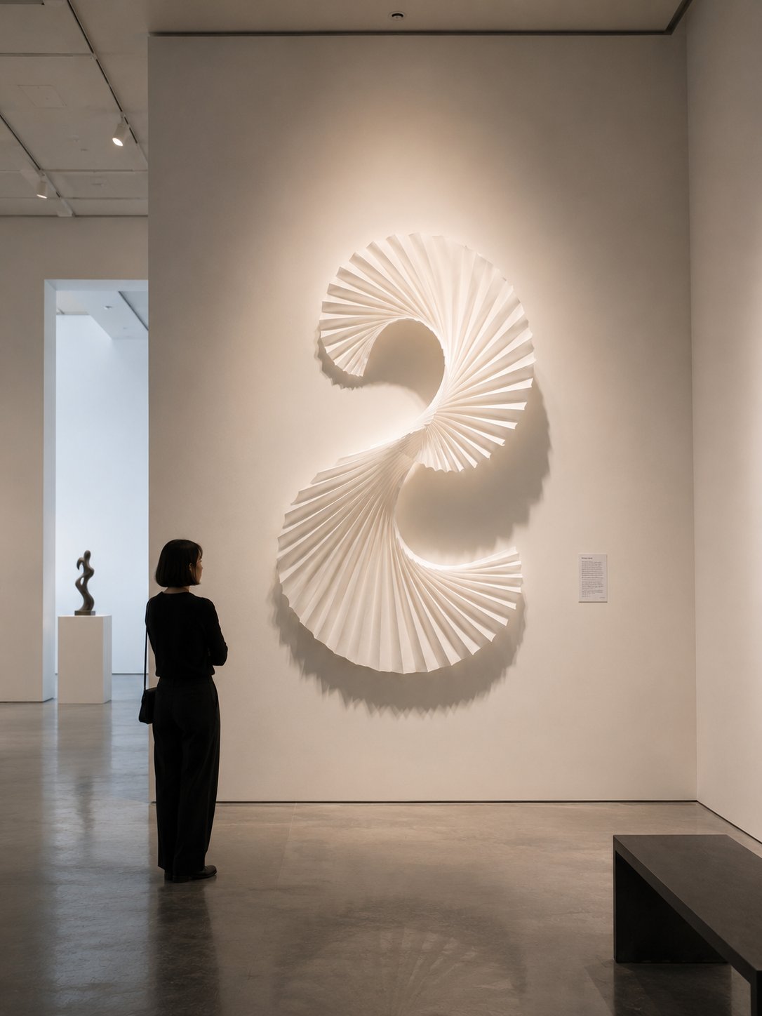 Large spiral pleated paper wall installation in a gallery