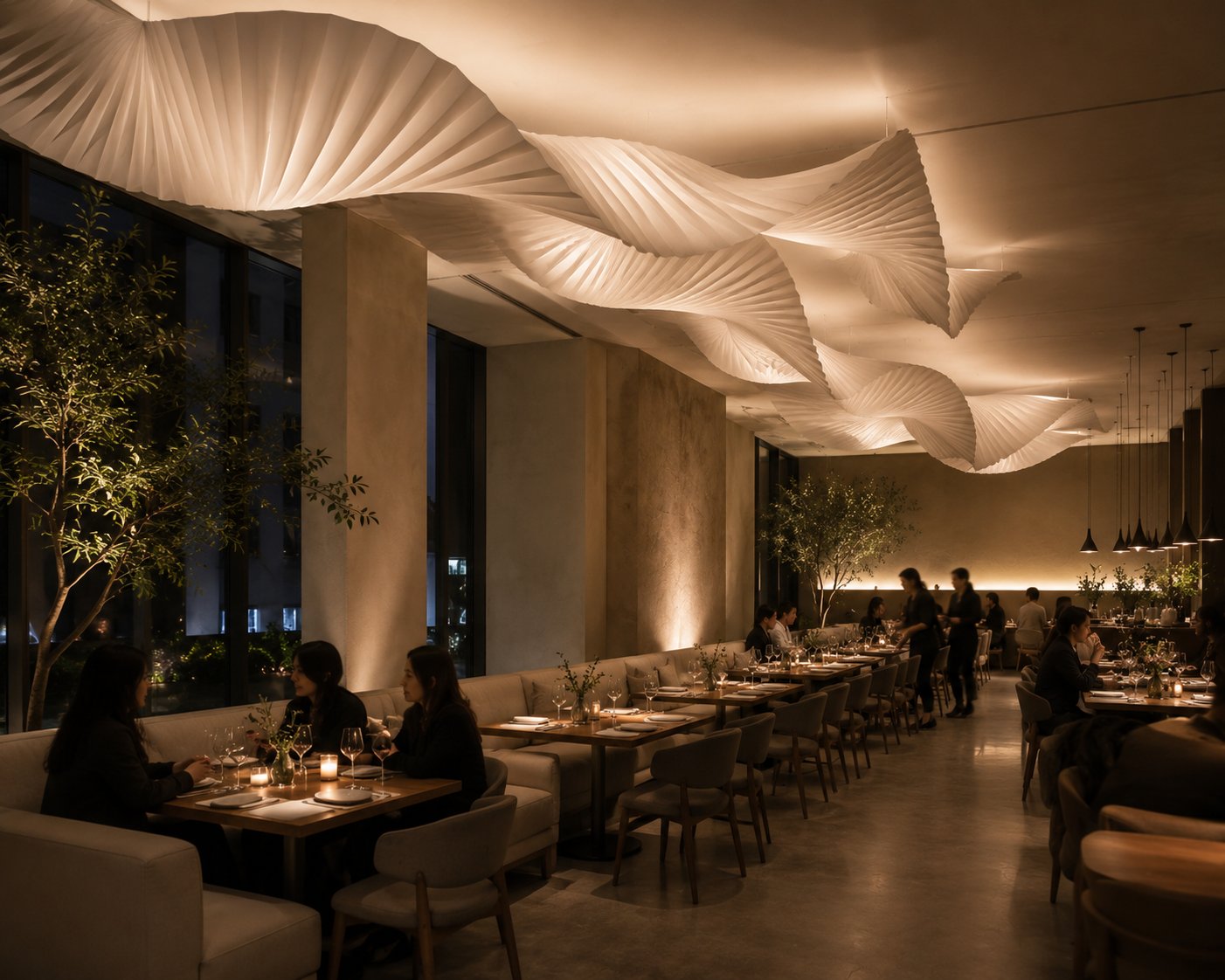Flowing pleated paper ceiling installation above a restaurant dining room
