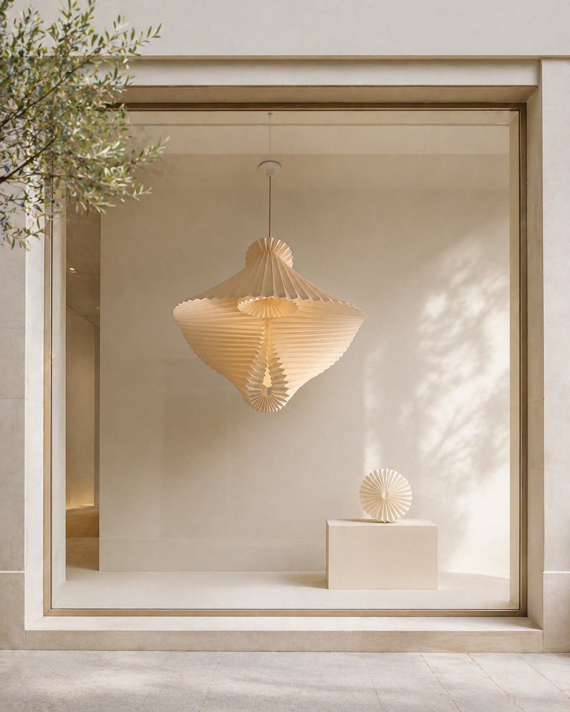 Large pleated paper chandelier installation in a storefront window