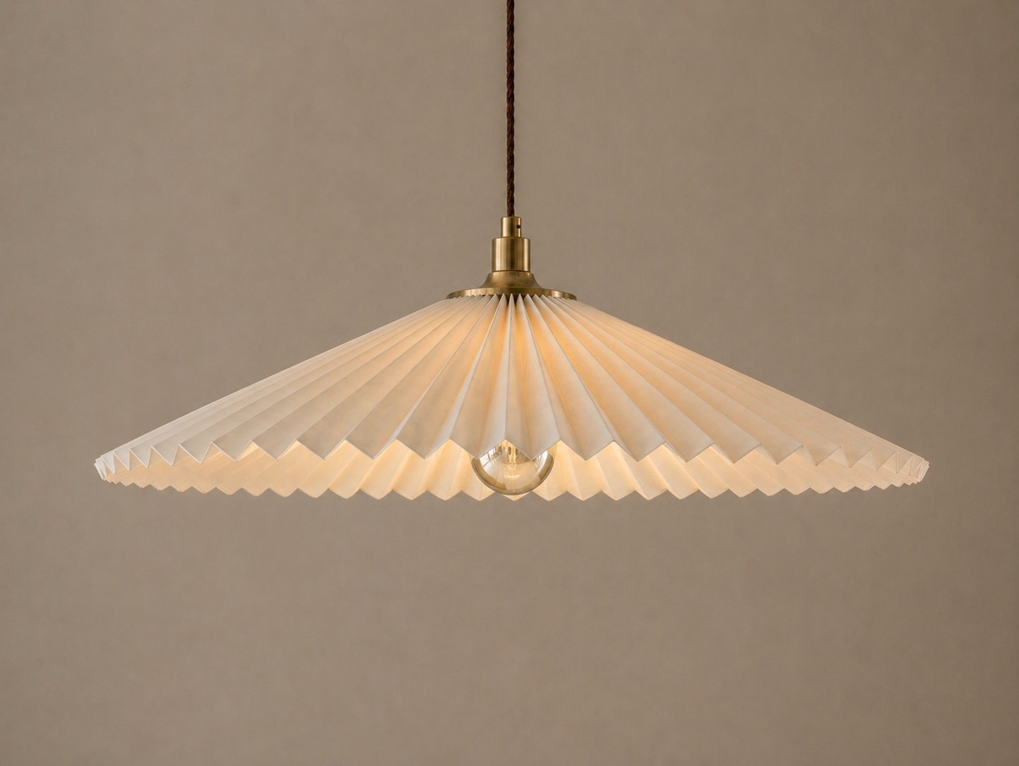 Large flat pleated cone pendant lamp with visible bulb