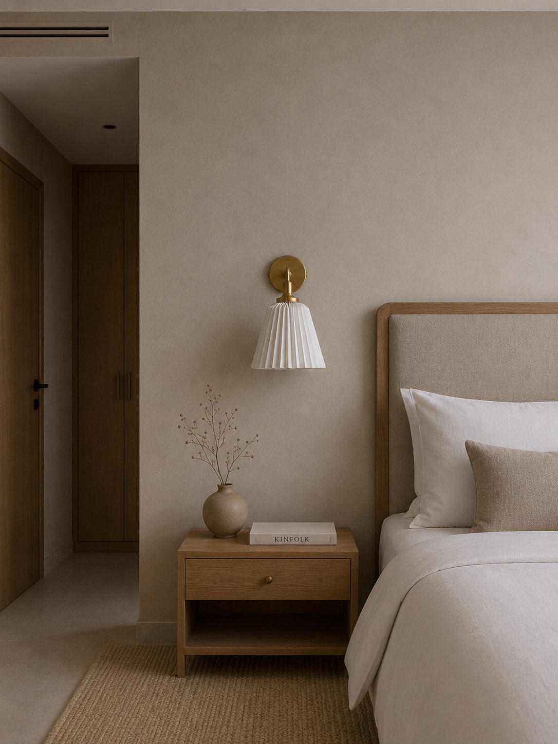 Small bell-shaped pleated wall sconce on a brass swing arm, bedside, unlit