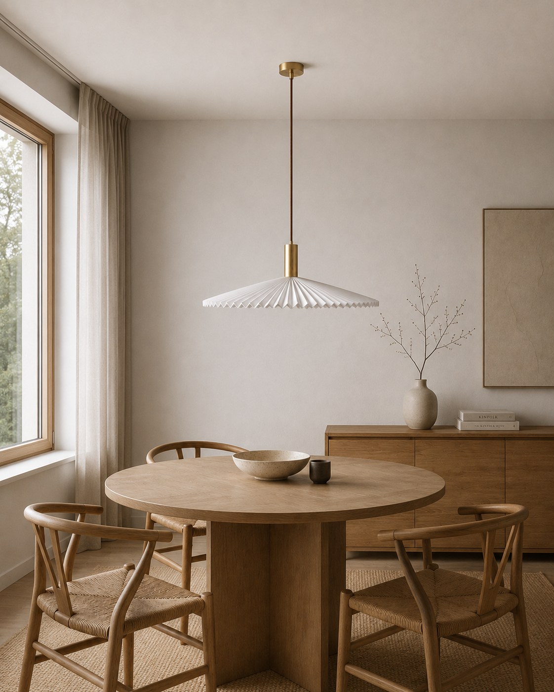 Flat pleated fan-shaped pendant lamp on a brass rod, hanging over a dining table, unlit