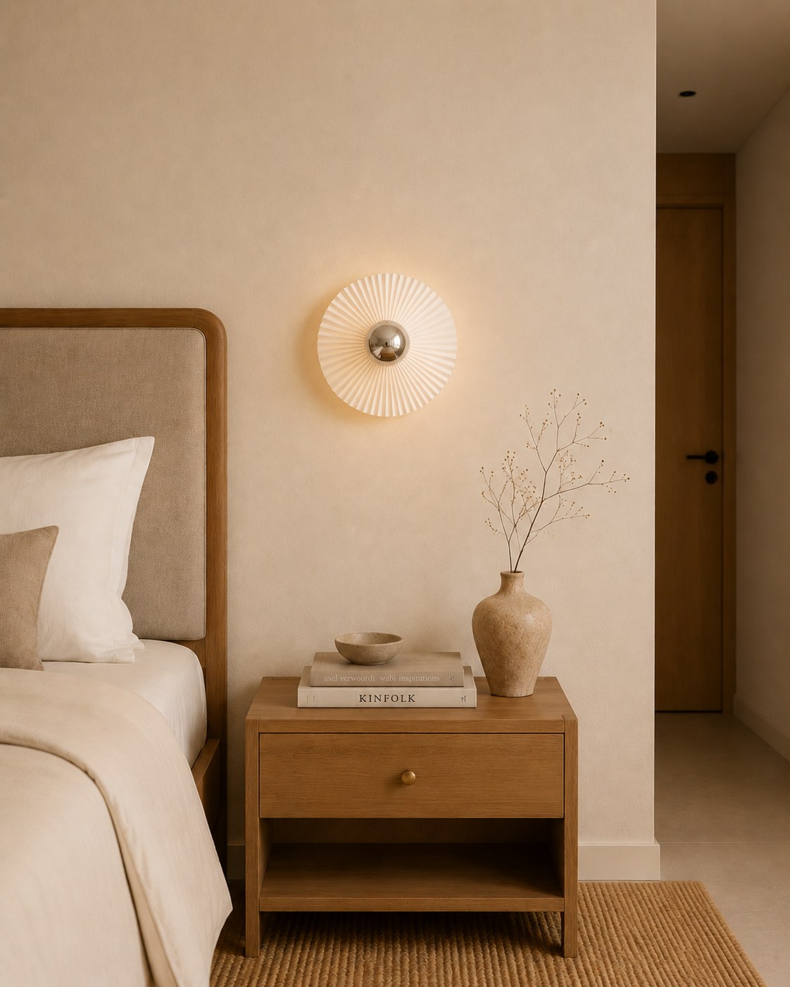 Pleated sunburst wall sconce with a chrome centre sphere, bedside, unlit