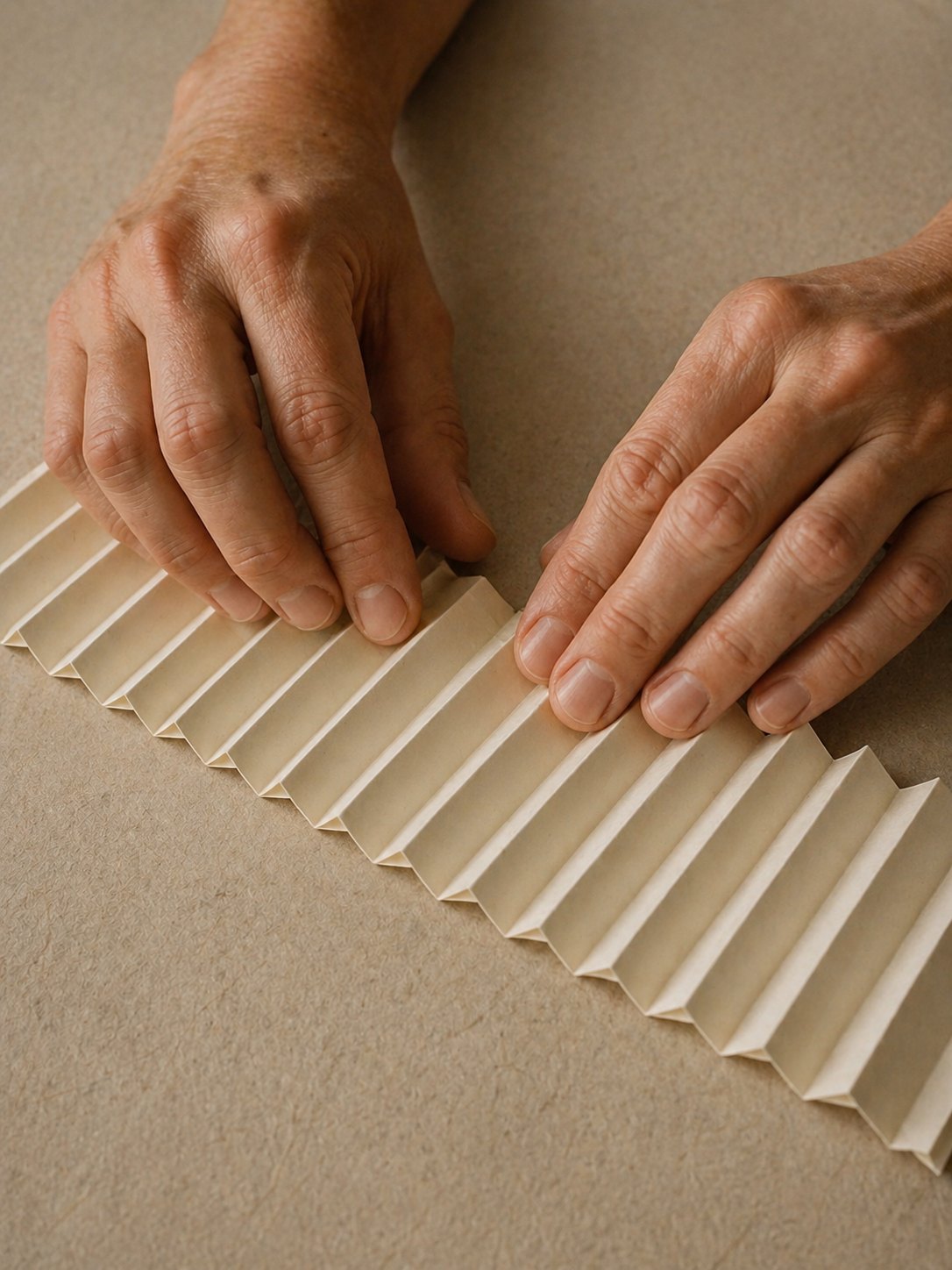 Hands pressing pleats into a long strip of paper on the studio table