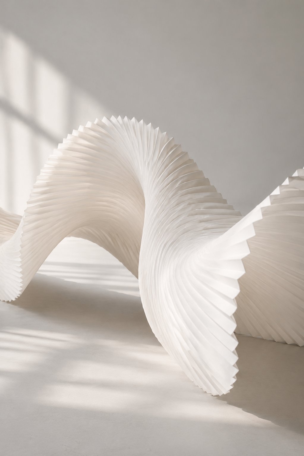 Large wave-shaped pleated paper sculpture on the floor